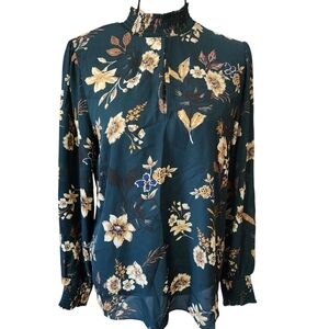 Nine Britton Floral High Neck Blouse Ruffle Cuffs Emerald Gold – M